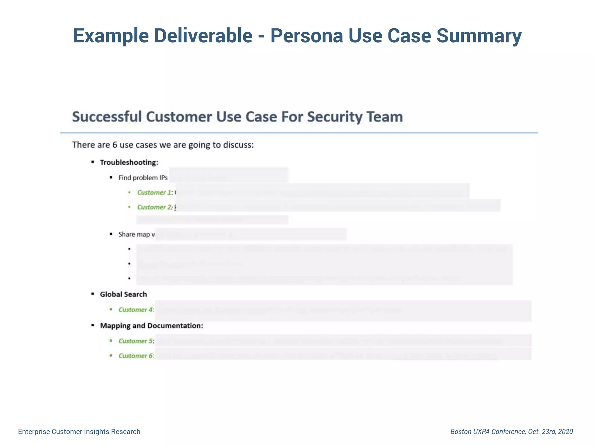 Boston UXPA Conference, Oct. 23rd, 2020Enterprise Customer Insights Research
Example Deliverable - Persona Use Case Summary
 