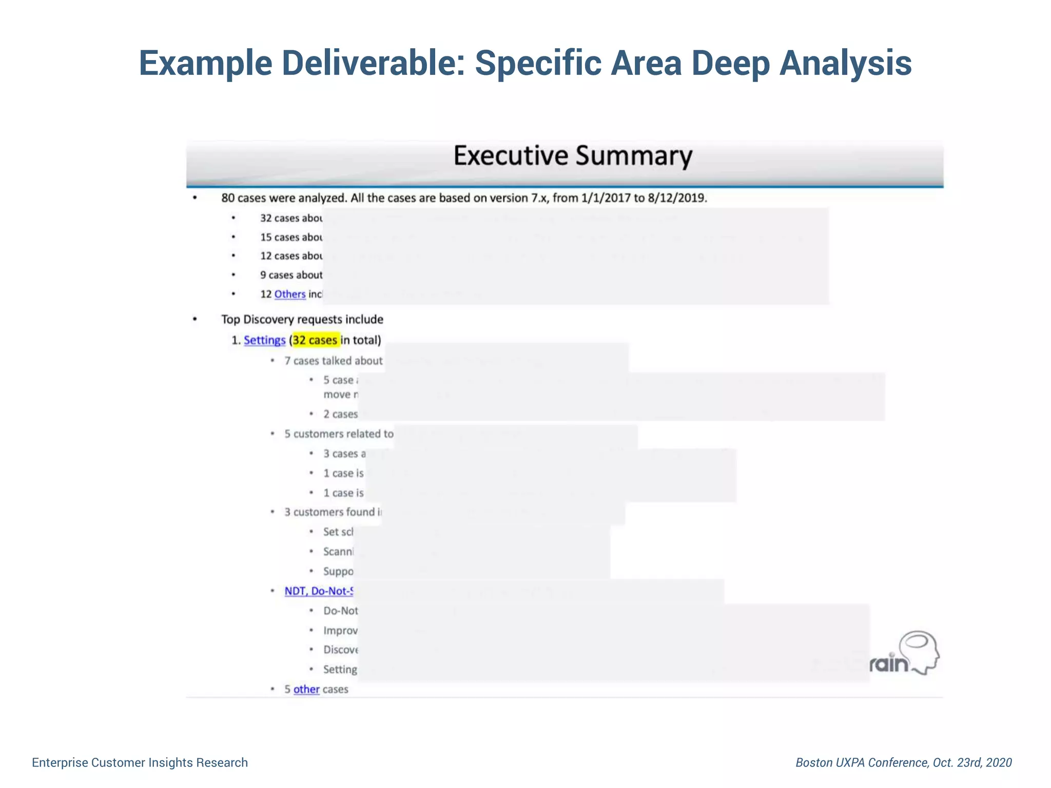 Boston UXPA Conference, Oct. 23rd, 2020Enterprise Customer Insights Research
Example Deliverable: Specific Area Deep Analysis
 