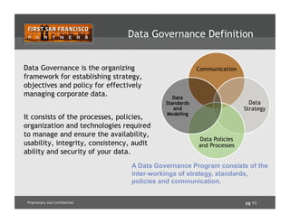pg 11Proprietary and Confidential
Data Governance Definition
Data Governance is the organizing
framework for establishing strategy,
objectives and policy for effectively
managing corporate data.
It consists of the processes, policies,
organization and technologies required
to manage and ensure the availability,
usability, integrity, consistency, audit
ability and security of your data.
Communication
Data
Strategy
Data Policies
and Processes
Data
Standards
and
Modeling
A Data Governance Program consists of the
inter-workings of strategy, standards,
policies and communication.
 