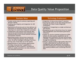 pg 18Proprietary and Confidential
Data Quality Value Proposition
Business Value
• Trusted version data for adverse reporting and
decision making
• Enabling data integrity and integration for UDI
compliance
• Operational efficiencies and on-time delivery, by
elimination of manually-intensive activities, and
reducing error-prone data integration processes
• Collaboration with internal and external data
sources by synchronization and consistency of
enterprise data across various business functions
and business channels
• Maximizing product and services revenue by
offering integrated solutions across business
units, as well as intelligent offerings of services
• Driving costs of bad data out of the system
• Responsiveness to new business opportunities
• Providing “plug and play” capabilities to
consolidate as well as extend IT architecture
• Ability to rapidly assimilate new data elements
into enterprise processes
Technology Enablement
• Integration of data across siloed IT solutions
• Ensuring the quality of the data being delivered
enhances the value of data integration
investments
• Capability of integrating to a single architecture
and solution
• Recognized as part of the driven force for master
data management and information governance
initiatives
• Support for service oriented architecture (SOA)
ensures the data quality capabilities can be
deployed and consumed as services and provides
a flexible, scalable environment for data to move
through the enterprise
• Ability to quickly produce high quality data that
is easily understood by functional users and
management and can generate cost savings in
both time dedicated to reacting and diagnosing
data quality problems and re-entering incorrect
data
 
