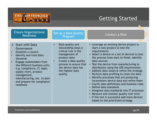 pg 25Proprietary and Confidential
Getting Started
  Start with Data
Governance
•  Establish a council
•  Identify and train Data
Stewards
•  Engage stakeholders from
the different business units
e.g. compliance, IT, legal,
supply chain, product
management,
manufacturing, etc. to plan
and prepare for compliance
readiness
•  Data quality and
stewardship plays a
critical role in the
management of
product data
•  Create a data quality
process to ensure that
the device data has
the highest data
quality
•  Leverage an existing device project or
start a new project to test the
requirements
•  Select a device or a set of devices to test
the process from start to finish. Identify
data sources
•  Test the device from manufacturing to
distribution using the UDI requirements
•  Address data issues & refine the strategy
•  Perform data profiling to clean the data
•  Identify processes that are producing
inconsistent device data and refine them
•  Clarify data definitions and business rules
•  Define data standards
•  Integrate data standards into IT processes
•  Measure and monitor quality over time
•  If the test is successful add more devices
based on the prioritized strategy
Ensure Organizational
Readiness
Set up a Data Quality
Program
Conduct a Pilot
 