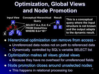 Optimization, Global Views
           and Node Promotion
 Input View   Conceptual Hierarchical   Result
                                                 This is a conceptual
                      Query
     A                                    A      query where the input
                SELECT A.a, D.d, E.e             structure is not known
 BB C           FROM GlobalView         D E
                                                 and the output adapts
                WHERE B.b=“B1”
   D EE                                          to the dynamic result.
X D
 Hierarchical optimization can remove from access -
     Unreferenced data nodes not on path to referenced data
     Dynamically controlled by SQL’s variable SELECT list
 Optimization makes all views global views
     Because they have no overhead for unreferenced fields
 Node promotion closes around unselected nodes
                                                                   21
     This happens in relational processing too
 