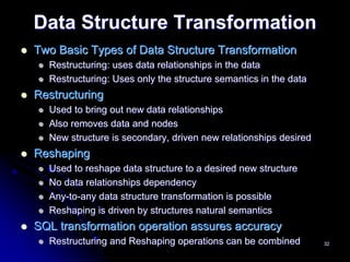Data Structure Transformation
Two Basic Types of Data Structure Transformation
  Restructuring: uses data relationships in the data
  Restructuring: Uses only the structure semantics in the data
Restructuring
  Used to bring out new data relationships
  Also removes data and nodes
  New structure is secondary, driven new relationships desired
Reshaping
  Used to reshape data structure to a desired new structure
  No data relationships dependency
  Any-to-any data structure transformation is possible
  Reshaping is driven by structures natural semantics
SQL transformation operation assures accuracy
  Restructuring and Reshaping operations can be combined         32
 
