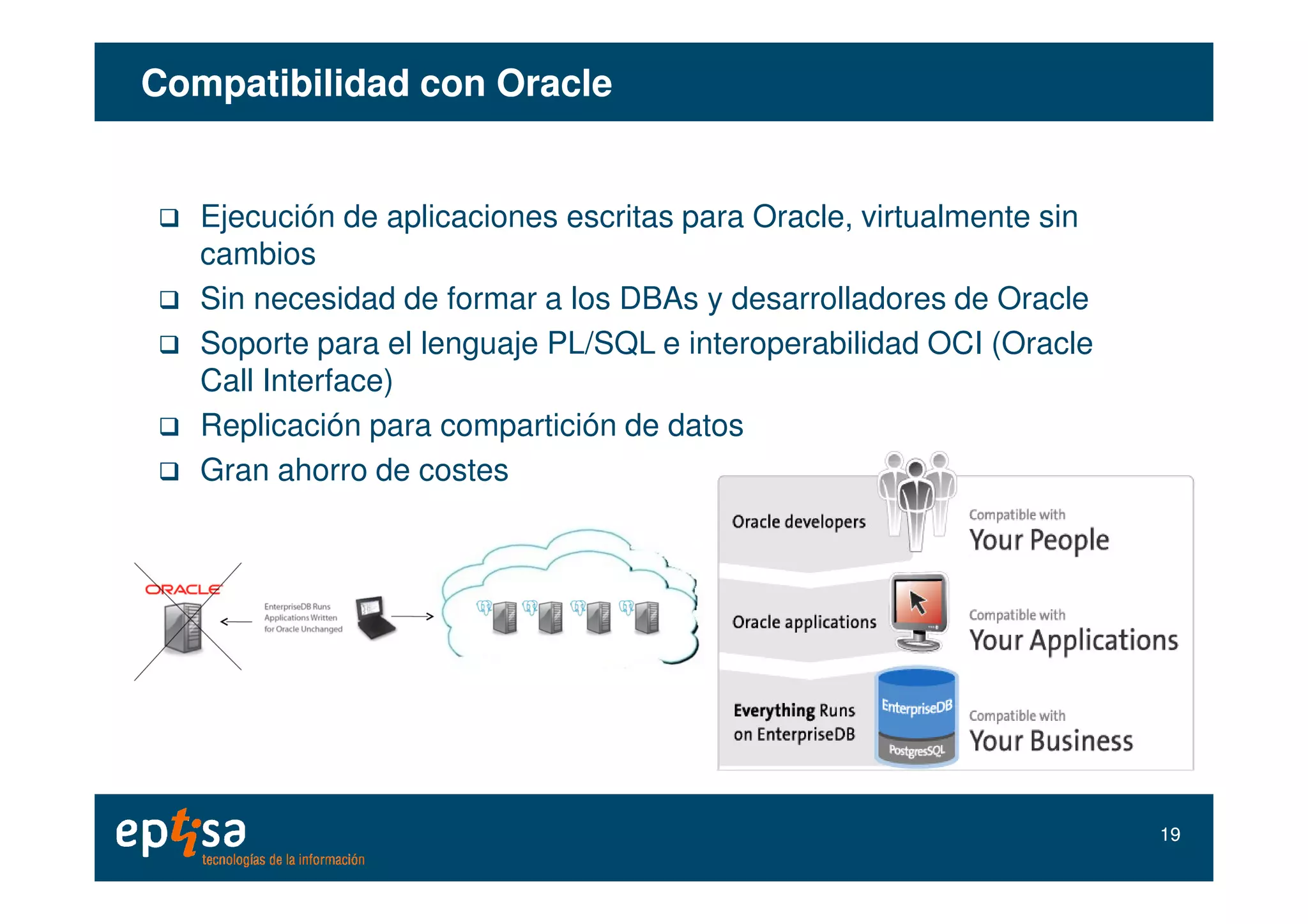 Compatibilidad con OracleCompatibilidad con Oracle
Ejecución de aplicaciones escritas para Oracle, virtualmente sin
cambios
Sin necesidad de formar a los DBAs y desarrolladores de Oracle
Soporte para el lenguaje PL/SQL e interoperabilidad OCI (Oracle
Call Interface)
Replicación para compartición de datos
Gran ahorro de costesGran ahorro de costes
1919
 