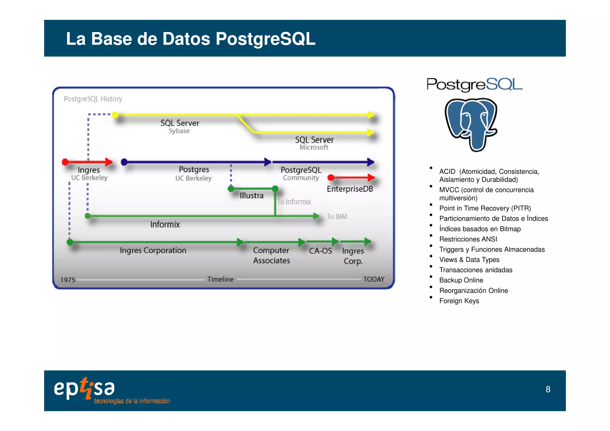 • ACID (Atomicidad, Consistencia,
Aislamiento y Durabilidad)
• MVCC (control de concurrencia
multiversión)
• Point in Time Recovery (PITR)
• Particionamiento de Datos e Índices
La Base de DatosLa Base de Datos PostgreSQLPostgreSQL
• Particionamiento de Datos e Índices
• Índices basados en Bitmap
• Restricciones ANSI
• Triggers y Funciones Almacenadas
• Views & Data Types
• Transacciones anidadas
• Backup Online
• Reorganización Online
• Foreign Keys
88
 