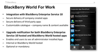 32
BlackBerry World For Work
• Integration with BlackBerry Enterprise Service 10
– Secure delivery of company created apps
– Secure delivery of third party apps
– Customizable catalogue – company name & content available
• Upgrade notification for both BlackBerry Enterprise
Service 10 hosted and BlackBerry World hosted apps
– Enables end users to see all administrator installed Apps
– Internal or BlackBerry World hosted
– Optional or mandatory
 