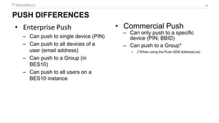 44
PUSH DIFFERENCES
• Enterprise Push
– Can push to single device (PIN)
– Can push to all devices of a
user (email address)
– Can push to a Group (in
BES10)
– Can push to all users on a
BES10 instance
• Commercial Push
– Can only push to a specific
device (PIN, BBID)
– Can push to a Group*
• (*When using the Push SDK AddressList)
 