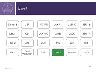 Karaf 
EJB 3.1 CDI 
2014-­‐10-­‐23 
12 
Servlet 3 
JSF 2 
JSP 
JPA 2 
JTA 
Bean 
Validation 
JAX-WS JAX-RS 
JAXR 
JAXB 
JM...