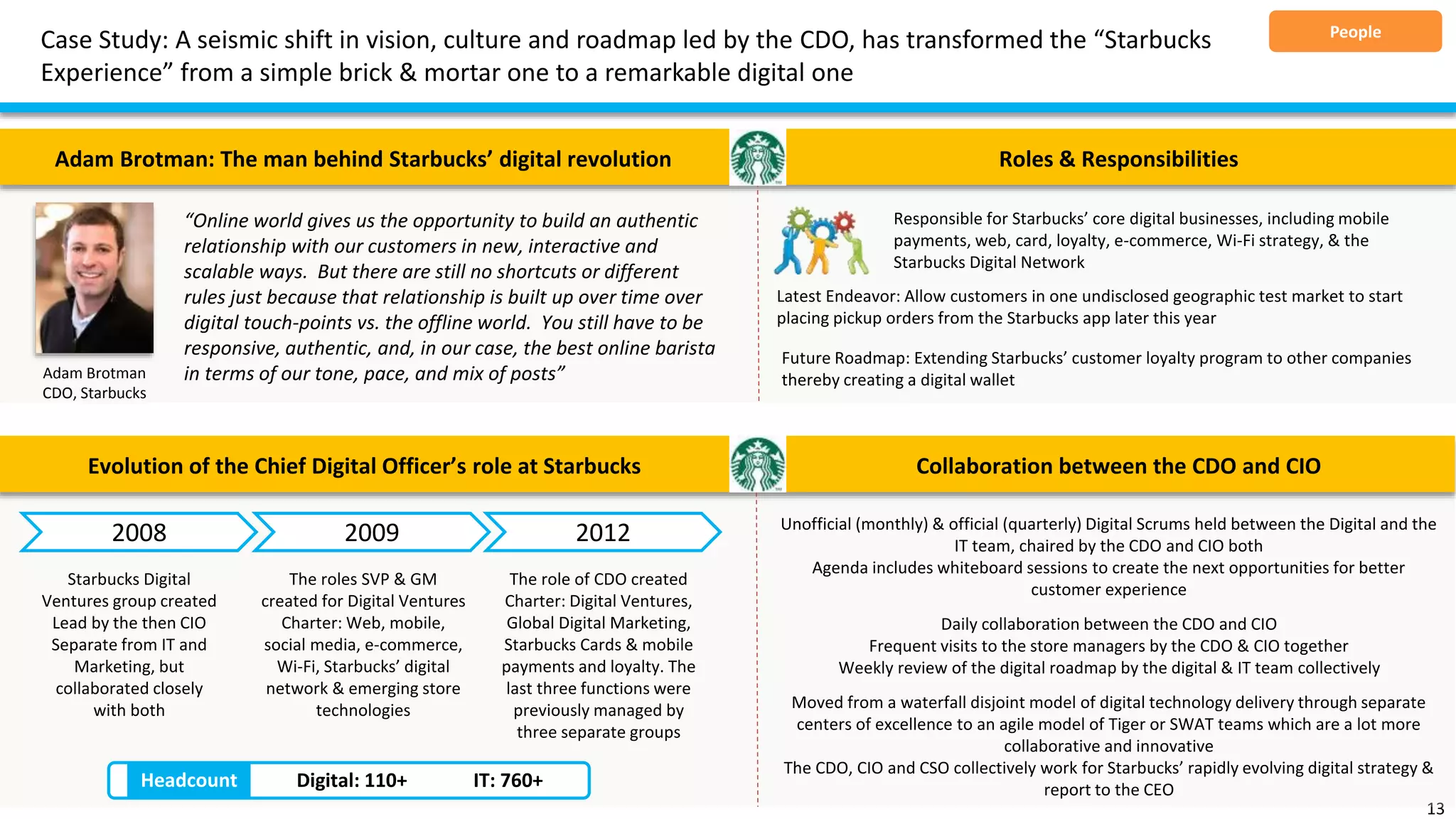 Case Study: A seismic shift in vision, culture and roadmap led by the CDO, has transformed the “Starbucks
Experience” from a simple brick & mortar one to a remarkable digital one
13
Responsible for Starbucks’ core digital businesses, including mobile
payments, web, card, loyalty, e-commerce, Wi-Fi strategy, & the
Starbucks Digital Network
Adam Brotman: The man behind Starbucks’ digital revolution Roles & Responsibilities
Evolution of the Chief Digital Officer’s role at Starbucks Collaboration between the CDO and CIO
Adam Brotman
CDO, Starbucks
“Online world gives us the opportunity to build an authentic
relationship with our customers in new, interactive and
scalable ways. But there are still no shortcuts or different
rules just because that relationship is built up over time over
digital touch-points vs. the offline world. You still have to be
responsive, authentic, and, in our case, the best online barista
in terms of our tone, pace, and mix of posts”
Future Roadmap: Extending Starbucks’ customer loyalty program to other companies
thereby creating a digital wallet
Latest Endeavor: Allow customers in one undisclosed geographic test market to start
placing pickup orders from the Starbucks app later this year
2008 2009 2012
Starbucks Digital
Ventures group created
Lead by the then CIO
Separate from IT and
Marketing, but
collaborated closely
with both
The roles SVP & GM
created for Digital Ventures
Charter: Web, mobile,
social media, e-commerce,
Wi-Fi, Starbucks’ digital
network & emerging store
technologies
The role of CDO created
Charter: Digital Ventures,
Global Digital Marketing,
Starbucks Cards & mobile
payments and loyalty. The
last three functions were
previously managed by
three separate groups
Unofficial (monthly) & official (quarterly) Digital Scrums held between the Digital and the
IT team, chaired by the CDO and CIO both
Agenda includes whiteboard sessions to create the next opportunities for better
customer experience
Daily collaboration between the CDO and CIO
Frequent visits to the store managers by the CDO & CIO together
Weekly review of the digital roadmap by the digital & IT team collectively
Moved from a waterfall disjoint model of digital technology delivery through separate
centers of excellence to an agile model of Tiger or SWAT teams which are a lot more
collaborative and innovative
The CDO, CIO and CSO collectively work for Starbucks’ rapidly evolving digital strategy &
report to the CEOHeadcount Digital: 110+ IT: 760+
People
 
