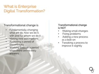 WE 
ARE OXYGN 
Enterprise Digital Transformation 
Transformational change is 
• Fundamentally changing 
what we do, how we do it, 
with and for whom we do it 
• Making new assumptions 
• Accepting a period of 
discontinuity 
• Working through a period 
when there are no easy 
answers 
Transformational change 
is NOT 
• Making small changes 
• Fixing problems 
• Adding a new process 
as a bolt-on 
• Tweaking a process to 
improve it slightly 
What is Enterprise 
Digital Transformation? 
 
