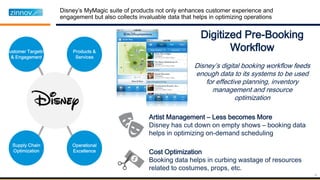 16
Digitized Pre-Booking
Workflow
Disney’s digital booking workflow feeds
enough data to its systems to be used
for effective planning, inventory
management and resource
optimization
Cost Optimization
Booking data helps in curbing wastage of resources
related to costumes, props, etc.
Artist Management – Less becomes More
Disney has cut down on empty shows – booking data
helps in optimizing on-demand scheduling
 