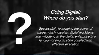 20
Going Digital:
Where do you start?
Successfully leveraging the power of
modern technologies, digital workflows
and migrating to the digital enterprise is a
function of prioritization coupled with
effective execution
30
 
