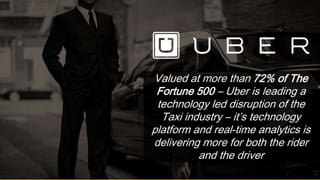 Valued at more than 72% of The
Fortune 500 – Uber is leading a
technology led disruption of the
Taxi industry – it’s technology
platform and real-time analytics is
delivering more for both the rider
and the driver
7
 