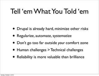 Tell ‘em What You Told ‘em

                    • Drupal is already hard, minimize other risks
                    • Regularize, automate, systematize
                    • Don’t go too far outside your comfort zone
                    • Human challenges > Technical challenges
                    • Reliability is more valuable than brilliance

Sunday, October 3, 2010
 