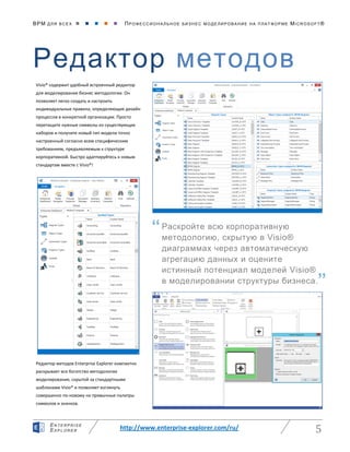 BPM ДЛЯ ВС Е Х      ПРО ФЕ ССИ ОН АЛ ЬН ОЕ БИЗ Н ЕС МО ДЕ ЛИ РО ВАНИ Е НА П ЛАТ ФОР МЕ MICR OS O FT ®
http://www.enterprise-explorer.com/ru/ 5
EN TE RPR ISE
EXP LORE R
Редактор методов
Visio® содержит удобный встроенный редактор
для моделирования бизнес методологии. Он
позволяет легко создать и настроить
индивидуальные правила, определяющие дизайн
процессов в конкретной организации. Просто
перетащите нужные символы из существующих
наборов и получите новый тип модели точно
настроенный согласно всем специфическим
требованиям, предъявляемым к структуре
корпоративной. Быстро адаптируйтесь к новым
стандартам вместе с Visio®!
Редактор методов Enterprise Explorer компактно
раскрывает все богатство методологии
моделирования, скрытой за стандартными
шаблонами Visio® и позволяет взглянуть
совершенно по-новому на привычные палитры
символов и значков.
Раскройте всю корпоративную
методологию, скрытую в Visio®
диаграммах через автоматическую
агрегацию данных и оцените
истинный потенциал моделей Visio®
в моделировании структуры бизнеса.
“
”
 
