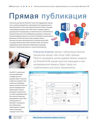 BPM ДЛЯ ВС Е Х      ПРО ФЕ ССИ ОН АЛ ЬН ОЕ БИЗ Н ЕС МО ДЕ ЛИ РО ВАНИ Е НА П ЛАТ ФОР МЕ MICR OS O FT ®
http://www.enterprise-explorer.com/ru/ 8
EN TE RPR ISE
EXP LORE R
Прямая публикация
Visio Services для Microsoft SharePoint® Server 2013 поддерживают загрузку,
показ и прямое взаимодействие с диаграммами Visio® размещенными на
Microsoft SharePoint® Server 2013 и Microsoft SharePoint® Online. Благодаря
новому формату диаграмм в Visio® 2016, можно напрямую сохранить
диаграмму Visio® непосредственно на SharePoint Server or SharePoint Online
минуя дополнительные шаги преобразования диаграмм в специальный
совместимый формат хранения, как это было необходимо в ранних версиях.
SharePoint® по умолчанию
включает удобный веб
интерфейс для Visio®
диаграмм прямо с планшетов
и мобильных устройств через
встроенные в веб браузер
средства просмотра. При этом
доступен индивидуальный
выбор каждого элемента
диаграммы и просмотр всех
его свойств. Диаграмма может
быть сразу же открыта для
редактирования в Visio® 2016
непосредственно из
SharePoint®. Пользователи
могут обмениваться
комментариями о каждом
элементе диаграммы
напрямую из Visio® 2016.
Диаграммы Visio 2016 могут быть теперь напрямую связаны с
внешними списками из Microsoft Business Connectivity Services (BCS)
на серверах SharePoint Server 2013 и SharePoint Online. Visio Services
поддерживают прямое обновление опубликованных диаграмм
синхронно с обновлением связанных с ними источников данных.
Enterprise Explorer делает публикацию бизнес
процессов проще чем когда либо прежде.
Просто копируйте целое дерево бизнес модели
на SharePoint® одной простой командой и вся
скопированная модель будет сразу же
опубликована для всего предприятия.
 