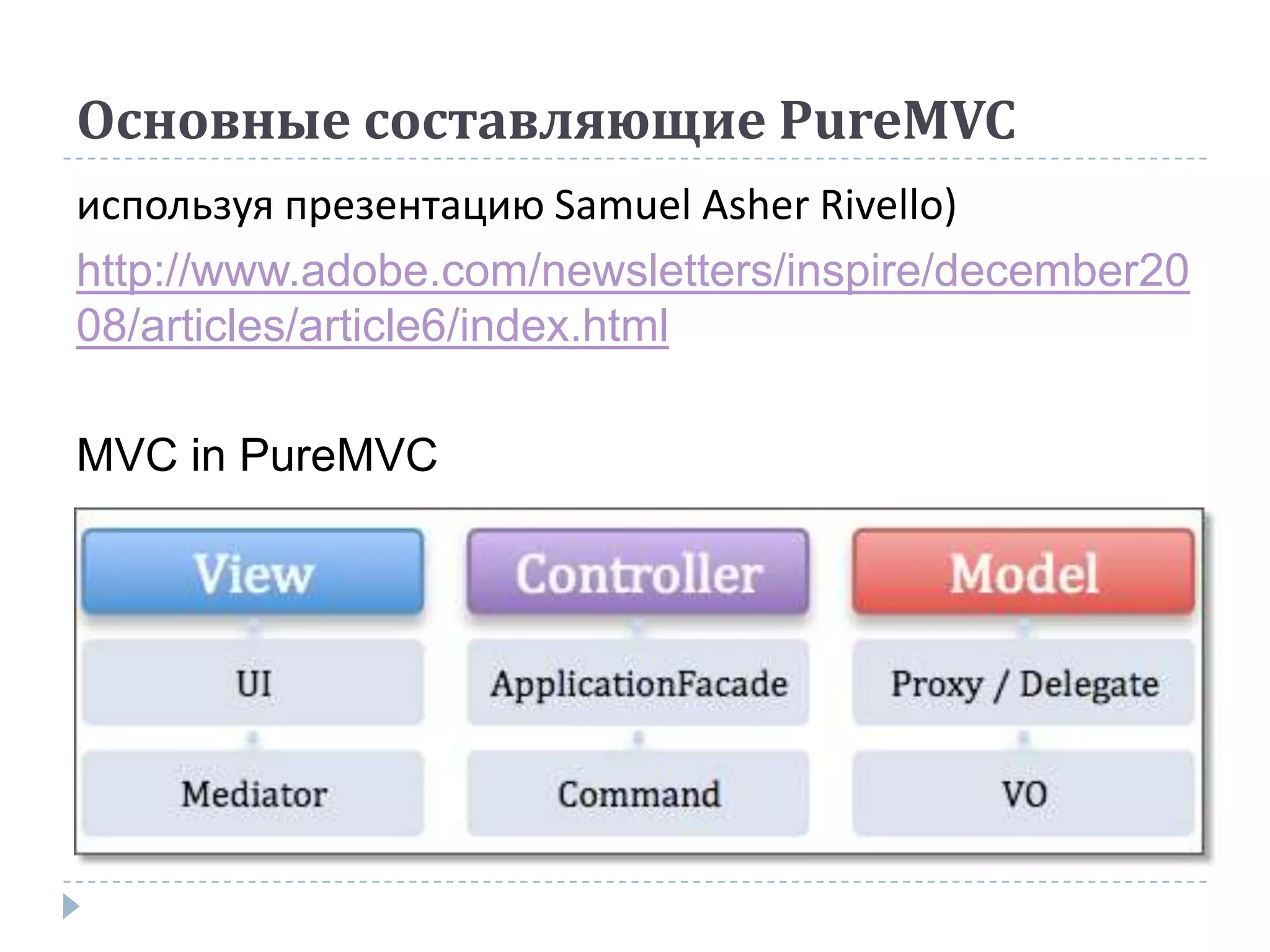 Основные составляющие PureMVC
используя презентацию Samuel Asher Rivello)
http://www.adobe.com/newsletters/inspire/december20
08/articles/article6/index.html

MVC in PureMVC
 