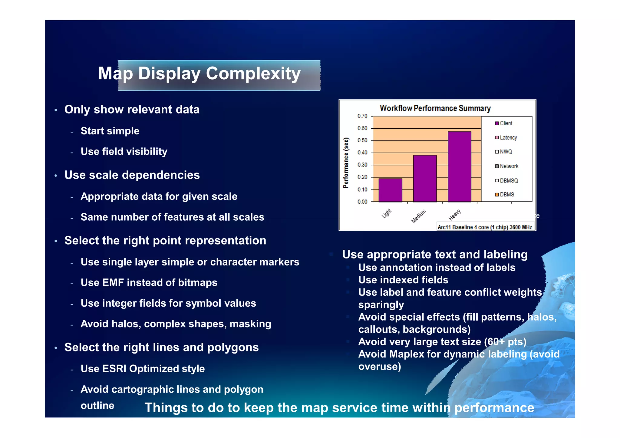 Map Display Complexity
•   Only show relevant data
     -   Start simple
     -   Use field visibility

•   Use scale dependencies
     -   Appropriate data for given scale
                                                             AGD10 wkstn MXD 100%Dyn 10x7 Feature
     -   Same number of features at all scales                                            Local FGDB Data Source


•   Select the right point representation
                                                        Use appropriate text and labeling
     -   Use single layer simple or character markers
                                                          Use annotation instead of labels
     -   Use EMF instead of bitmaps                       Use indexed fields
                                                          Use label and feature conflict weights
     -   Use integer fields for symbol values             sparingly
                                                          Avoid special effects (fill patterns, halos,
     -   Avoid halos, complex shapes, masking
                                                          callouts, backgrounds)
                                                          Avoid very large text size (60+ pts)
•   Select the right lines and polygons
                                                          Avoid Maplex for dynamic labeling (avoid
     -   Use ESRI Optimized style                         overuse)

     -   Avoid cartographic lines and polygon
         outline        Things to do to keep the map service time within performance
                        budgets
 