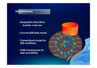 Geodatabase


 •   Geographic Data Store
     -   Scalable, multi-user


 •   Core ArcGIS Data model                    Networks
                                                          Survey
                                                                   Addresses


                                    Vectors                                    Annotations

 •   Transactional model for     3D Objects                                      Attributes
     GIS workflows
                                                                                 Dimensions
                                Topology


 •   COM Components for                Terrain
                                                                           Parcels
     data accesibility
                                           Cartography             CAD
                                                          Raster
 