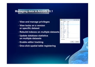Managing data in ArcGIS 10.1


  •   View and manage privileges
  •   View locks on a version
      or specific dataset
  •   Rebuild indexes on multiple datasets
  •   Update database statistics
      on multiple datasets
  •   Enable editor tracking
  •   One-click spatial table registering
 
