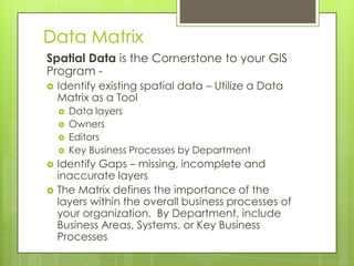Data Matrix
Spatial Data is the Cornerstone to your GIS
Program -
   Identify existing spatial data – Utilize a Data
    ...