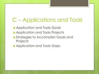 C – Applications and Tools
 Application  and Tools Goals
 Application and Tools Projects
 Strategies to Accomplish Goal...
