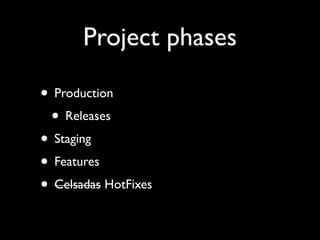 Project phases
• Production
• Releases
• Staging
• Features
• Celsadas HotFixes
 