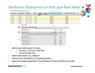 XenServer Deployment on SoftLayer Bare Metal
• Add a bare metal server of choice
• Example: 4 cores and 16GB RAM
• Choose Monthly order
• Select data center: e.g., Dallas 5
• Choose Citrix XenServer 6.2 operating system
• Import and deploy DataPower Virtual Edition for Citrix XenServer normally
23
 