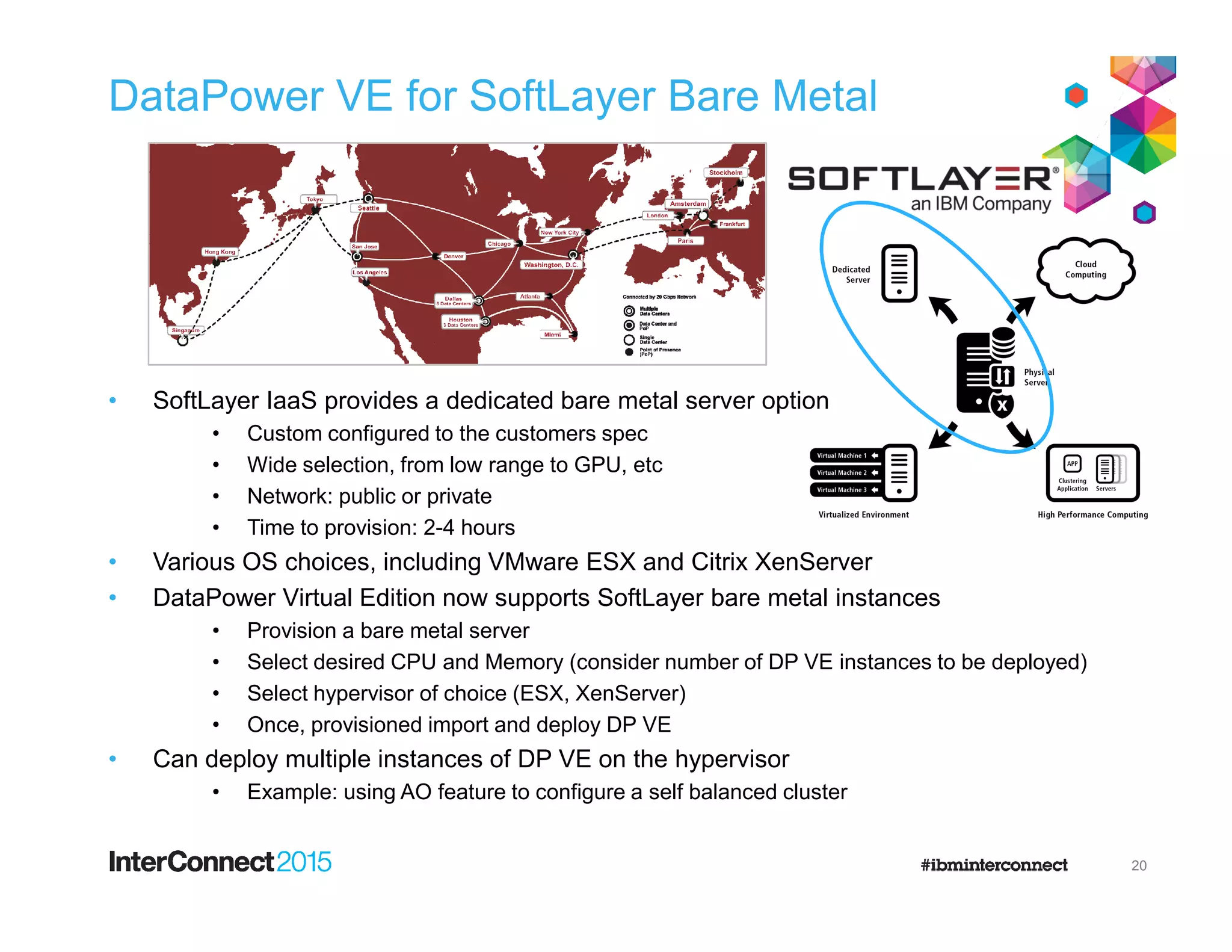 DataPower VE for SoftLayer Bare Metal
• SoftLayer IaaS provides a dedicated bare metal server option
• Custom configured to the customers spec
• Wide selection, from low range to GPU, etc• Wide selection, from low range to GPU, etc
• Network: public or private
• Time to provision: 2-4 hours
• Various OS choices, including VMware ESX and Citrix XenServer
• DataPower Virtual Edition now supports SoftLayer bare metal instances
• Provision a bare metal server
• Select desired CPU and Memory (consider number of DP VE instances to be deployed)
• Select hypervisor of choice (ESX, XenServer)
• Once, provisioned import and deploy DP VE
• Can deploy multiple instances of DP VE on the hypervisor
• Example: using AO feature to configure a self balanced cluster
20
 
