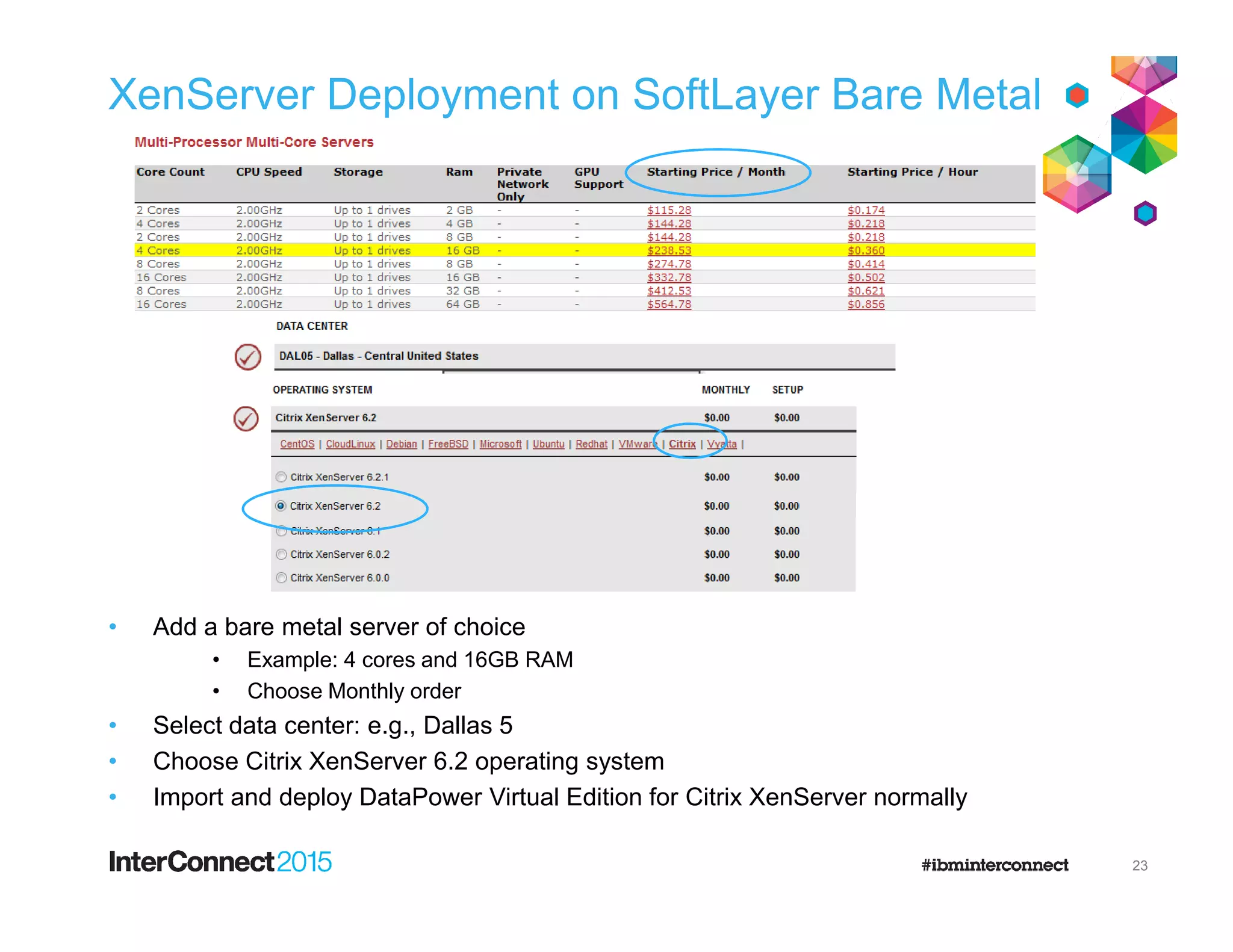 XenServer Deployment on SoftLayer Bare Metal
• Add a bare metal server of choice
• Example: 4 cores and 16GB RAM
• Choose Monthly order
• Select data center: e.g., Dallas 5
• Choose Citrix XenServer 6.2 operating system
• Import and deploy DataPower Virtual Edition for Citrix XenServer normally
23
 