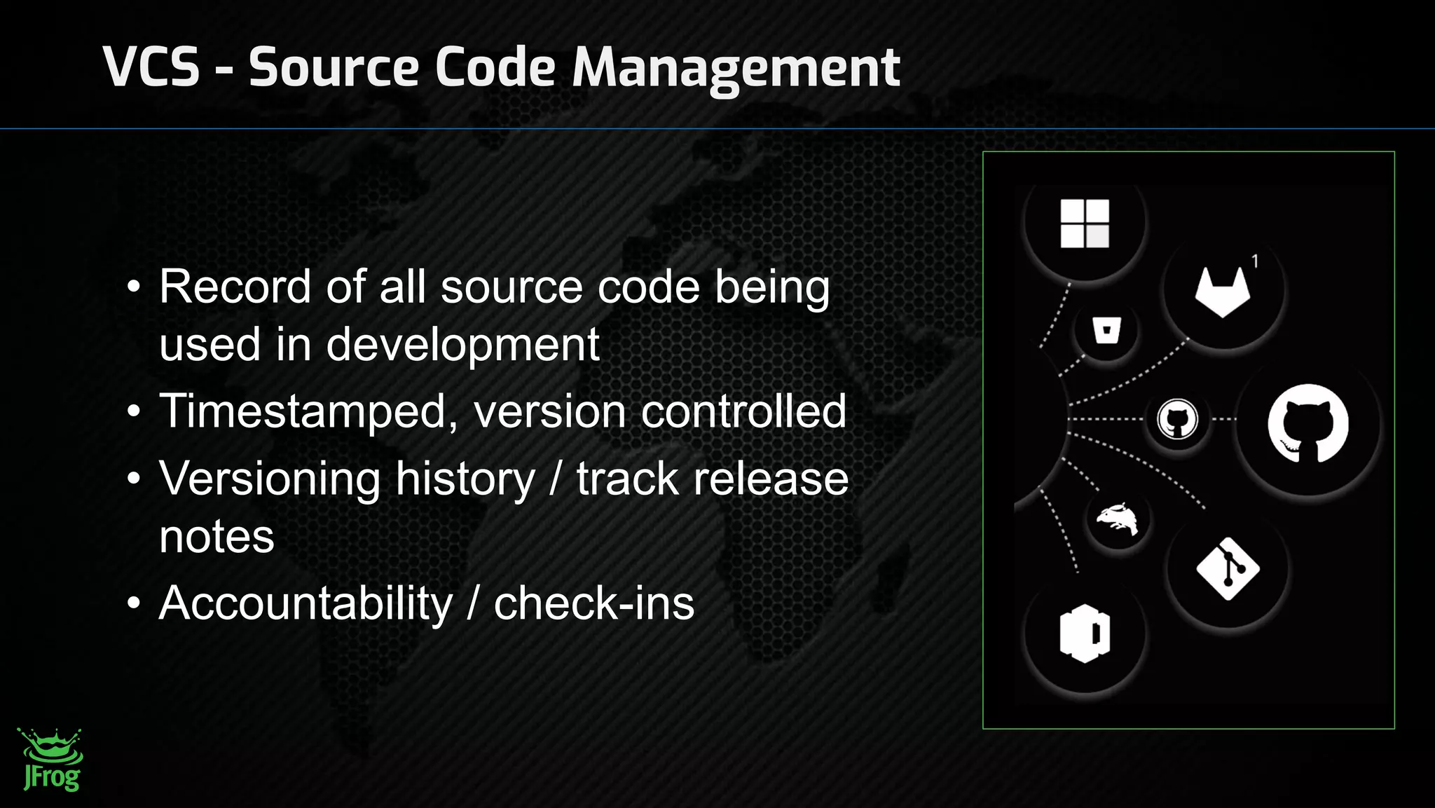 VCS - Source Code Management
• Record of all source code being
used in development
• Timestamped, version controlled
• Versioning history / track release
notes
• Accountability / check-ins
 
