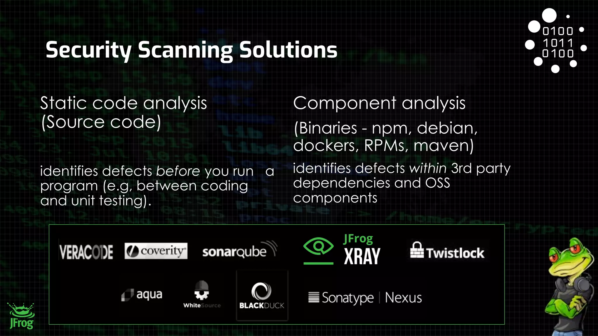 Static code analysis
(Source code)
identifies defects before you run a
program (e.g, between coding
and unit testing).
Security Scanning Solutions
Component analysis
(Binaries - npm, debian,
dockers, RPMs, maven)
identifies defects within 3rd party
dependencies and OSS
components
 
