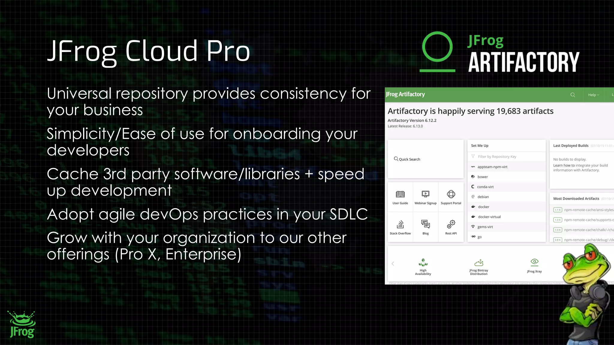 JFrog Cloud Pro
Universal repository provides consistency for
your business
Simplicity/Ease of use for onboarding your
developers
Cache 3rd party software/libraries + speed
up development
Adopt agile devOps practices in your SDLC
Grow with your organization to our other
offerings (Pro X, Enterprise)
 