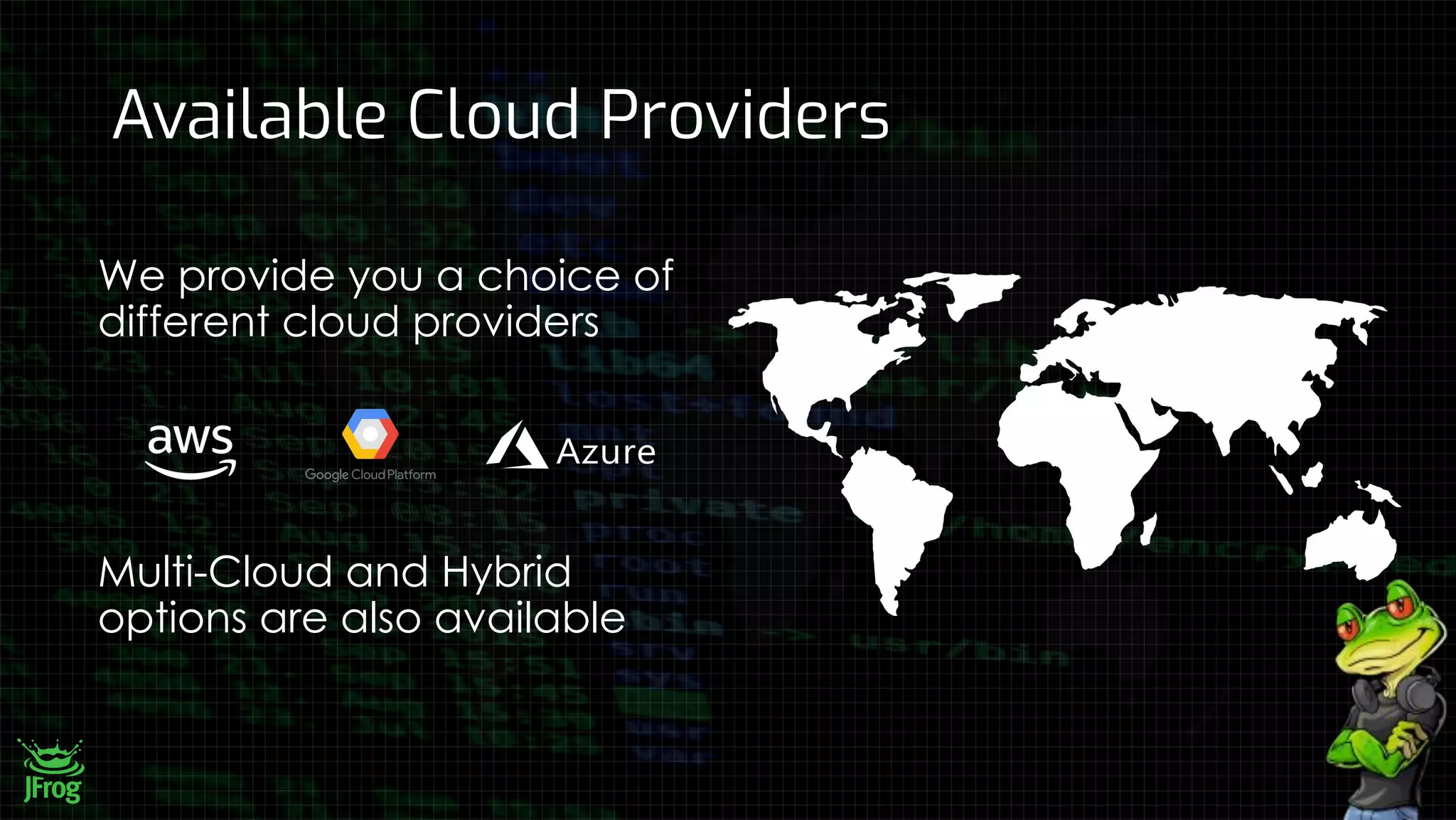 Available Cloud Providers
We provide you a choice of
different cloud providers
Multi-Cloud and Hybrid
options are also available
 