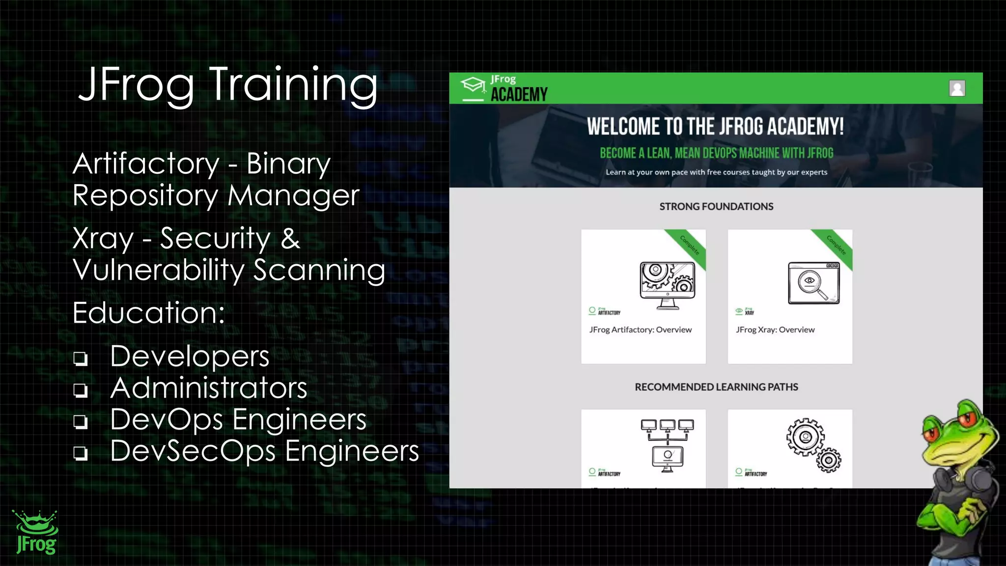 JFrog Training
Artifactory - Binary
Repository Manager
Xray - Security &
Vulnerability Scanning
Education:
❏ Developers
❏ Administrators
❏ DevOps Engineers
❏ DevSecOps Engineers
 