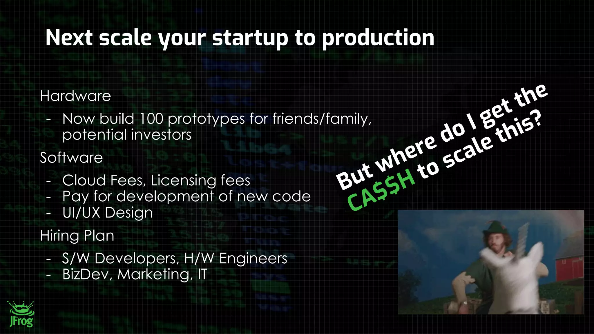 Next scale your startup to production
Hardware
- Now build 100 prototypes for friends/family,
potential investors
Software
- Cloud Fees, Licensing fees
- Pay for development of new code
- UI/UX Design
Hiring Plan
- S/W Developers, H/W Engineers
- BizDev, Marketing, IT
But where do I get the
CA$$H to scale this?
 