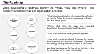 6
Data
Classification
Policy
Framework
Rights
Management
Gateway Tech
Integration
Encryption
Mobile
Support
While developing a roadmap, identify the ‘What’, ‘How’ and ‘Where’, and
ancillary functionality as per organization priorities.
The Roadmap
‘What’ shall constitute the Information Classification
as per the Policy, to achieve the primary building
block of the program
‘Where’ shall form the base and extended
boundaries thus constituting the Federation
‘Who’ shall constitute the Rights Management
‘How’ shall constitute related Business Processes,
flow diagrams and also the deployment of gateway
technology (Mostly referred as the DLP Products)
Ancillary functions are further added to bring in the
functionality for Encryption and Mobility
 