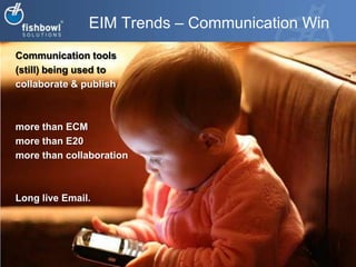 EIM Trends – Communication WinCommunication tools(still) being used to collaborate & publish more than ECMmore than E20 more than collaboration Long live Email.