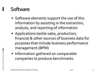   Software	
  elements	
  support	
  the	
  use	
  of	
  this	
  
information	
  by	
  assisting	
  in	
  the	
  extraction,	
  
analysis,	
  and	
  reporting	
  of	
  information	
  
  Applications	
  tackle	
  sales,	
  production,	
  
ﬁnancial	
  &	
  other	
  sources	
  of	
  business	
  data	
  for	
  
purposes	
  that	
  include	
  business	
  performance	
  
management	
  (BPM)	
  	
  
  Information	
  gathered	
  on	
  comparable	
  
companies	
  to	
  produce	
  benchmarks	
  
2008	
  Enterprise	
  Information	
  Systems	
  Training	
   17	
  
 