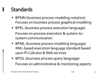   BPMN	
  (business	
  process	
  modeling	
  notation)	
  
Focuses	
  on	
  business	
  process	
  graphical	
  modeling	
  
  BPEL	
  (business	
  process	
  execution	
  language)	
  
	
   Focuses	
  on	
  process	
  execution	
  &	
  system-­‐to-­‐
system	
  communication	
  
  BPML	
  (business	
  process	
  modeling	
  language)	
  
XML-­‐based	
  execution	
  language	
  standard	
  based	
  
upon	
  Pi-­‐Calculus	
  &	
  Web	
  services	
  
  BPQL	
  (business	
  process	
  query	
  language)	
  
	
   Focuses	
  on	
  administrative	
  &	
  monitoring	
  aspects	
  
2008	
  Enterprise	
  Information	
  Systems	
  Training	
   30	
  
 