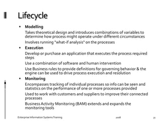   Modelling	
  
	
   Takes	
  theoretical	
  design	
  and	
  introduces	
  combinations	
  of	
  variables	
  to	
  
determine	
  how	
  process	
  might	
  operate	
  under	
  diﬀerent	
  circumstances	
  
	
   Involves	
  running	
  "what-­‐if	
  analysis"	
  on	
  the	
  processes	
  
  Execution	
  
	
   Develop	
  or	
  purchase	
  an	
  application	
  that	
  executes	
  the	
  process	
  
required	
  steps	
  
	
   Use	
  a	
  combination	
  of	
  software	
  and	
  human	
  intervention	
  	
  
	
   Use	
  Business	
  rules	
  to	
  provide	
  deﬁnitions	
  for	
  governing	
  behavior	
  &	
  
the	
  engine	
  can	
  be	
  used	
  to	
  drive	
  process	
  execution	
  and	
  resolution	
  
  Monitoring	
  
	
   Encompasses	
  tracking	
  of	
  individual	
  processes	
  so	
  info	
  can	
  be	
  seen	
  and	
  
statistics	
  on	
  the	
  performance	
  of	
  one	
  or	
  more	
  processes	
  provided	
  
	
   Used	
  to	
  work	
  with	
  customers	
  and	
  suppliers	
  to	
  improve	
  their	
  
connected	
  processes	
  
	
   Business	
  Activity	
  Monitoring	
  (BAM)	
  extends	
  and	
  expands	
  the	
  
monitoring	
  tools	
  
2008	
  Enterprise	
  Information	
  Systems	
  Training	
   31	
  
 