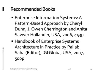  Enterprise	
  Information	
  Systems:	
  A	
  
Pattern-­‐Based	
  Approach	
  by	
  Cheryl	
  
Dunn,	
  J.	
  Owen	
  Cherrington	
  and	
  Anita	
  
Sawyer	
  Hollander,	
  USA,	
  2006,	
  453p	
  
 Handbook	
  of	
  Enterprise	
  Systems	
  
Architecture	
  in	
  Practice	
  by	
  Pallab	
  
Saha	
  (Editor),	
  IGI	
  Globa,	
  USA,	
  2007,	
  
500p	
  
2008	
  Enterprise	
  Information	
  Systems	
  Training	
   35	
  
 