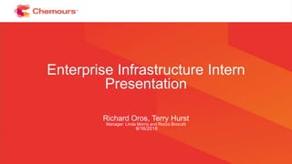 Enterprise Infrastructure Intern
Presentation
Richard Oros, Terry Hurst
Manager: Linda Morris and Rocco Brocutti
8/16/2018
 