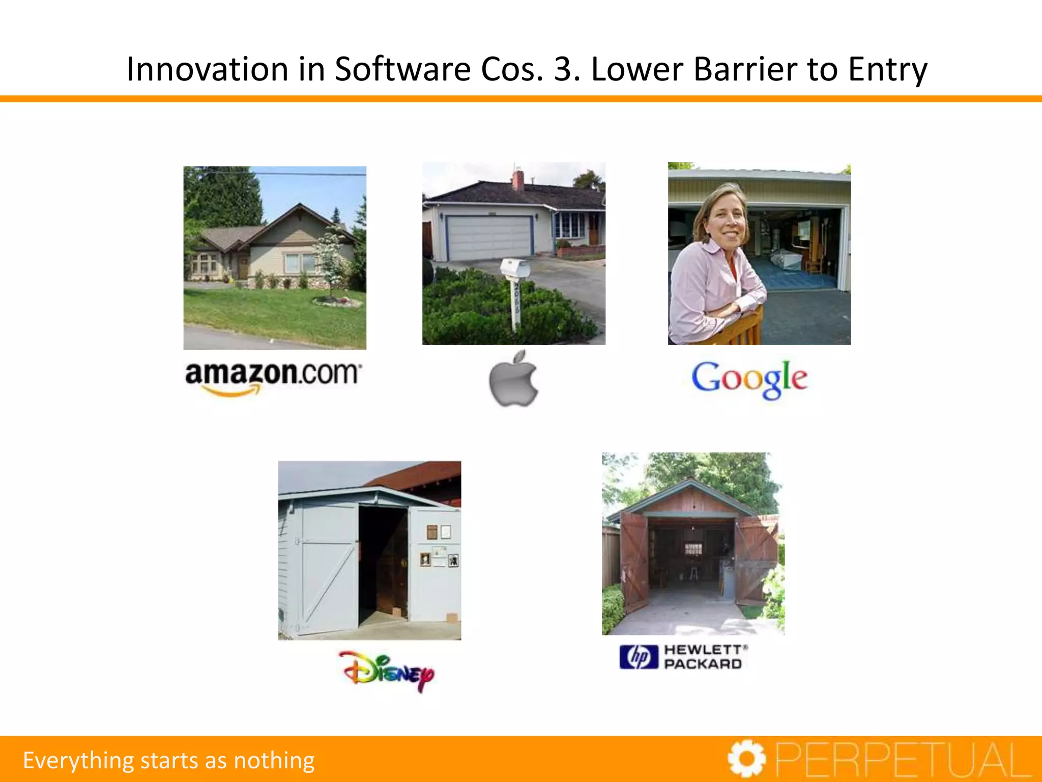Innovation in Software Cos. 3. Lower Barrier to Entry
Everything starts as nothing
 