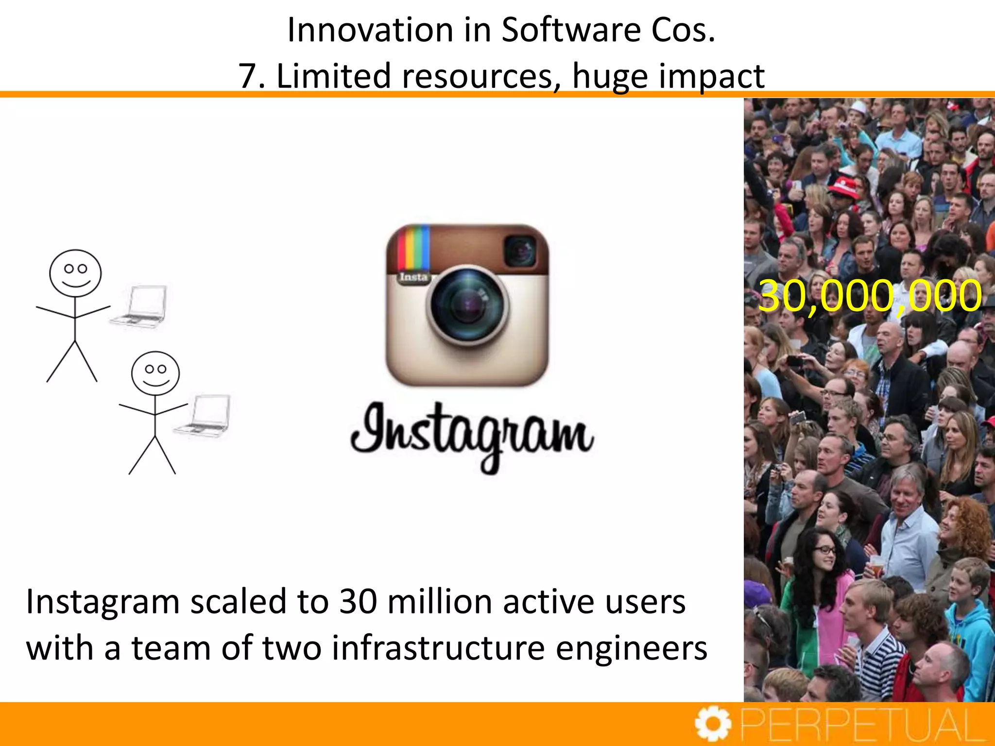 Instagram scaled to 30 million active users
with a team of two infrastructure engineers
Innovation in Software Cos.
7. Limited resources, huge impact
30,000,000
 
