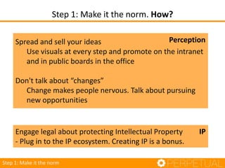 Step 1: Make it the norm. How?
Step 1: Make it the norm
Engage legal about protecting Intellectual Property
- Plug in to t...