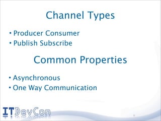Channel Types
• Producer Consumer
• Publish Subscribe

      Common Properties
• Asynchronous
• One Way Communication


                          6
 