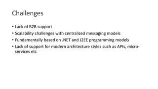 Challenges
• Lack of B2B support
• Scalability challenges with centralized messaging models
• Fundamentally based on .NET and J2EE programming models
• Lack of support for modern architecture styles such as APIs, micro-
services etc
 