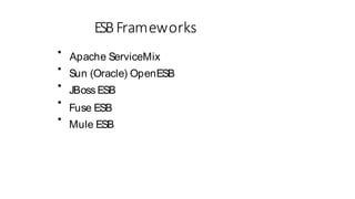 ESBFrameworks

Apache ServiceMix
Sun (Oracle) OpenESB
JBoss ESB
Fuse ESB
Mule ESB




 