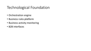 Technological Foundation
• Orchestration engine
• Business rules platform
• Business activity monitoring
• B2B interfaces
 